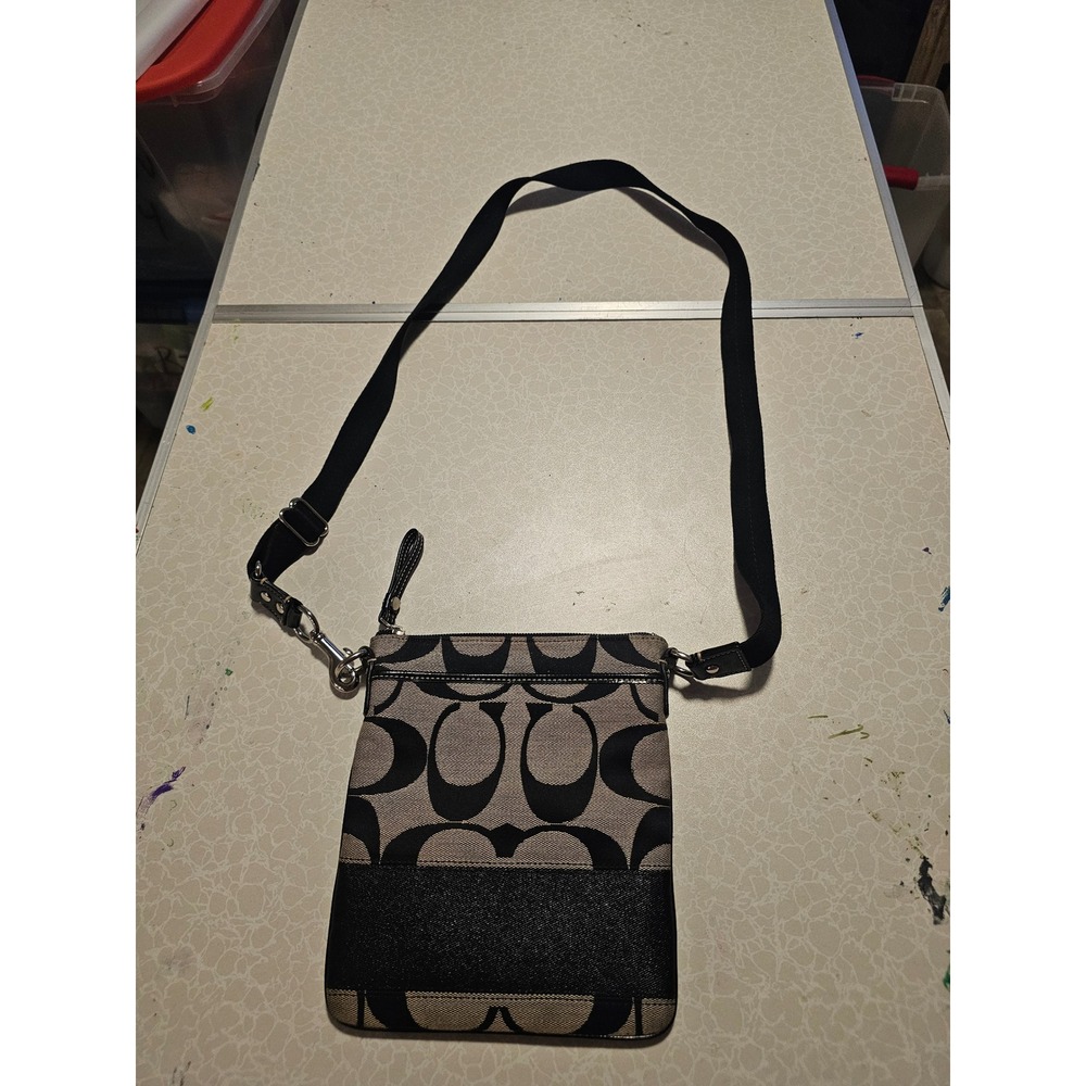 Coach Signature Jacquard Crossbody Bag Black Gray Monogram Canvas Messenger